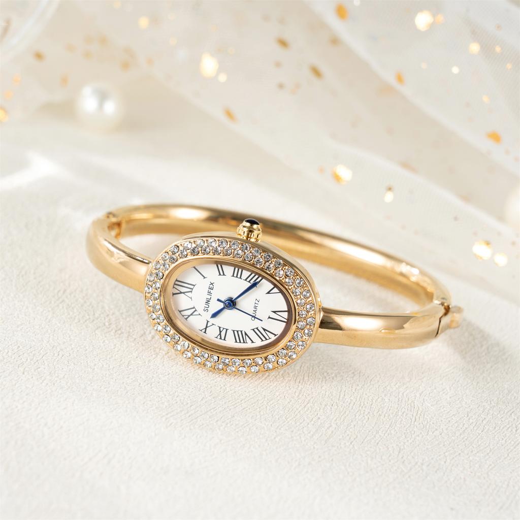 Новые Роскошные Элегантные женские Браслетные Наручные Часы Римские Цифры Инкрустированные Стразами Овальные Водонепроницаемые Женские Кварцевые Часы Reloj