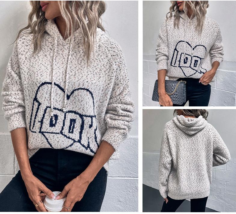 ZIMOXUAN Женский вязаный свитер с капюшоном и шнурком, вышивкой букв и длинными рукавами для повседневной носки