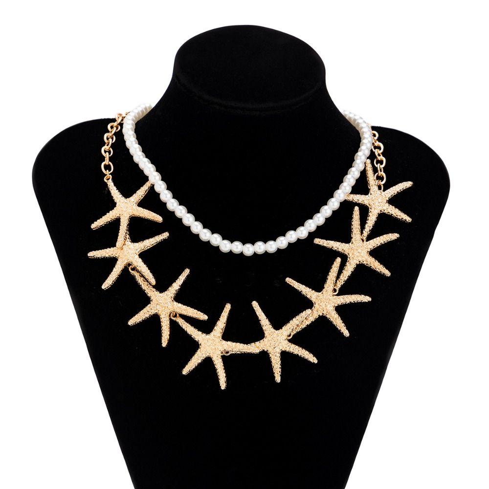 Beach Style Pearl Shell Necklace Elegant Exaggerate Metal Necklace Starfish Necklace Summer