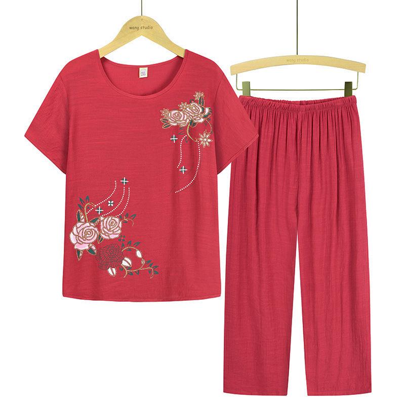 Летний комплект из двух предметов: Футболка с коротким рукавом и пижамные брюки для женщин среднего и пожилого возраста