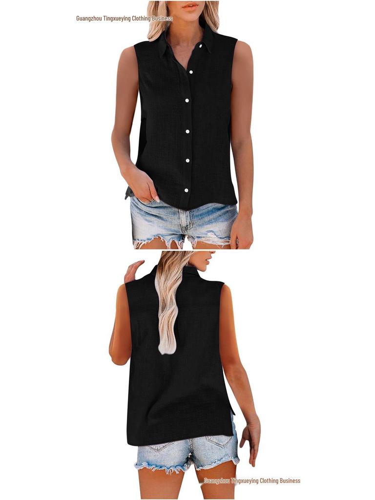 Летняя женская рубашка без рукавов с лацканами из хлопка и льна