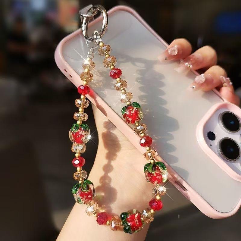 Sparkly Persimmon Beaded Phone Wrist Strap, Crystal Fruit Phone Lanyard with Clip