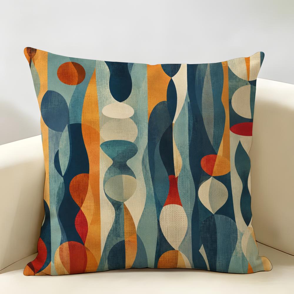 Retro Geometric Mid-Century Modern Cushion Cover Durable Hypoallergenic Organic Linen Pillow Cover Washable Skin-Friendly