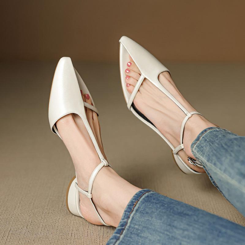 Кожаная женская сумка головные сандалии корейская версия женские сандалии на плоской подошве с открытой пяткой летние новые сандалии с мягкой подошвой из говяжьей кожи с острым носком