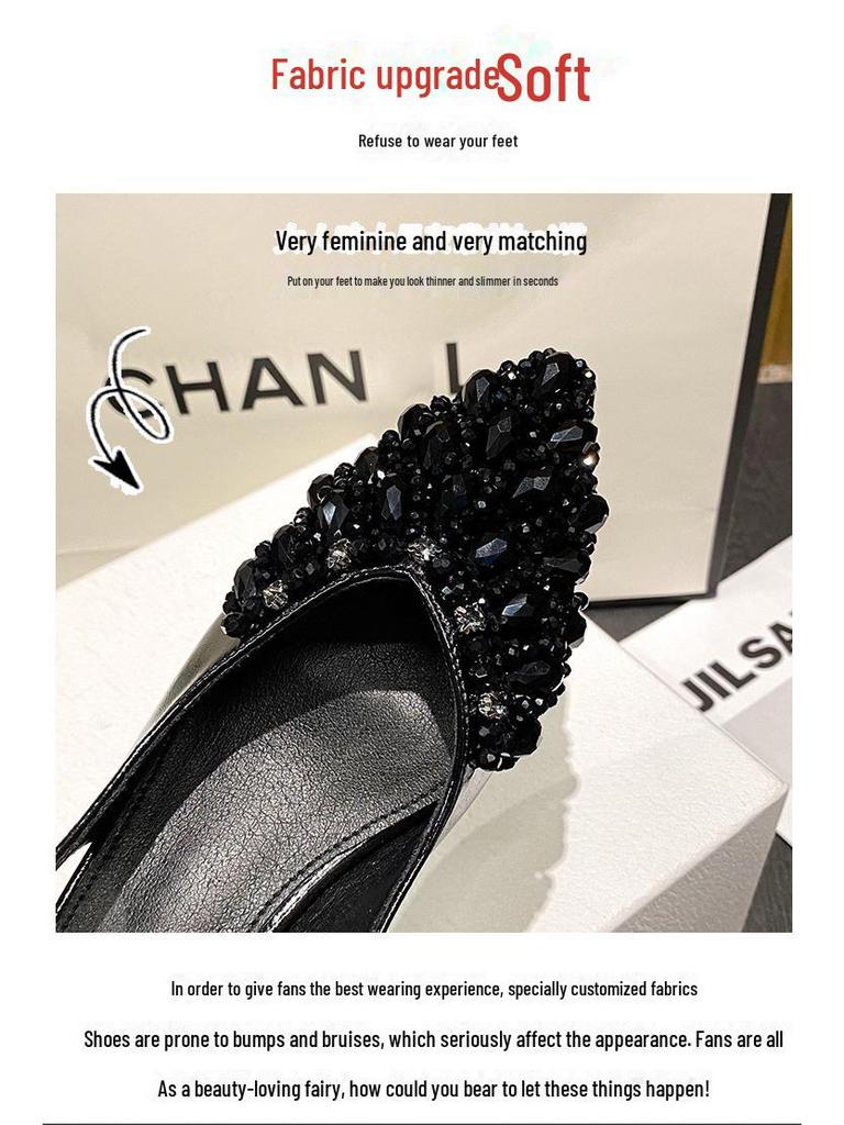 Женские босоножки с закрытым каблуком и острым носком, украшенные французскими стразами, 2024 г., большие размеры 41-43