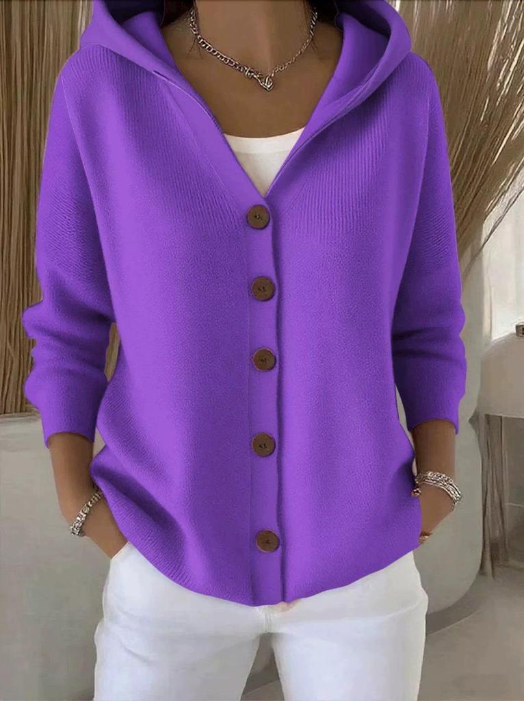 European & American Knit Hooded Cardigan - 2025 Autumn/Winter Women's Fashion, Solid Color Casual Style
