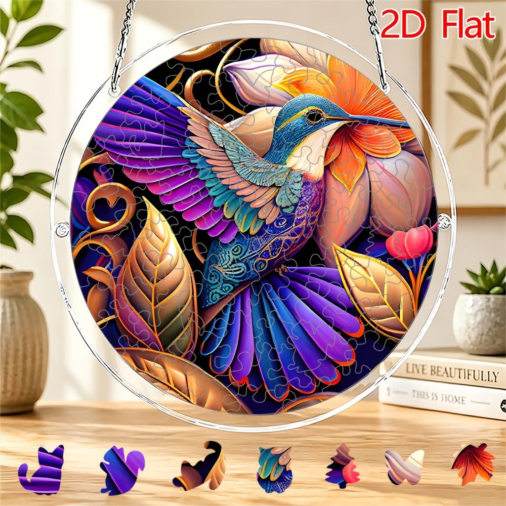 2D Flat Acrylic Sun Catcher 83pcs, Gilded Orange Blossom 3D Hummingbird Themed Sun Catcher Puzzle, Home Garden Decoration, Suitable for Christmas, Tha