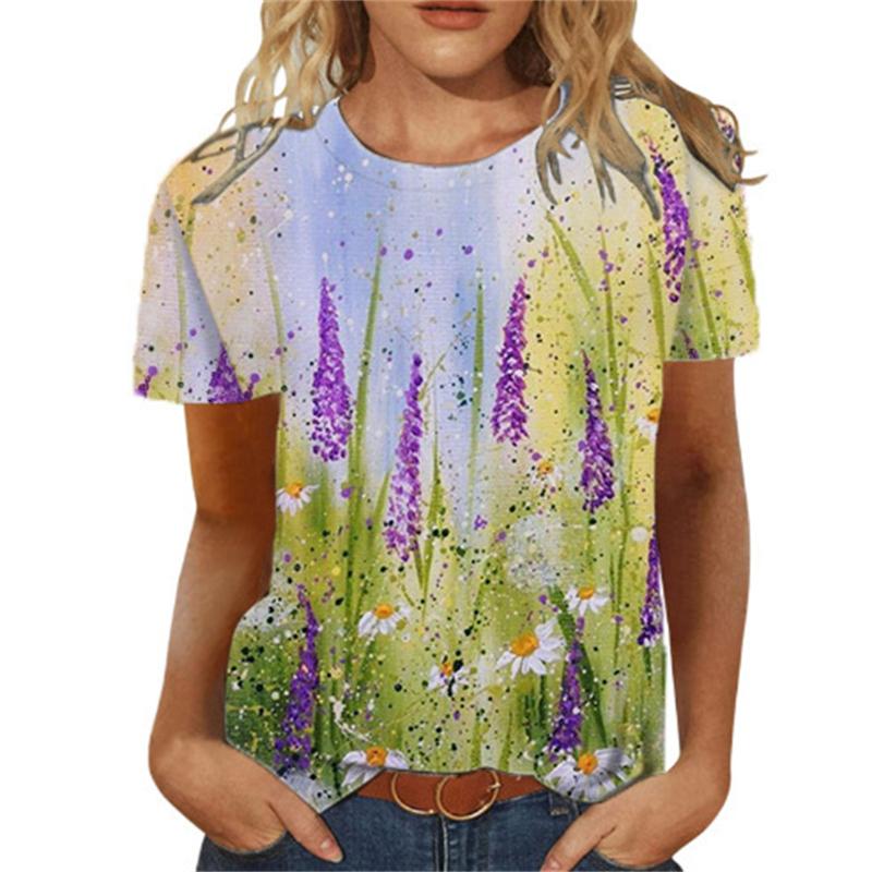 Летняя женская футболка с цветочным 3d принтом, женские модные футболки с цветочным узором, новые эстетические топы, футболка большого размера для девочек