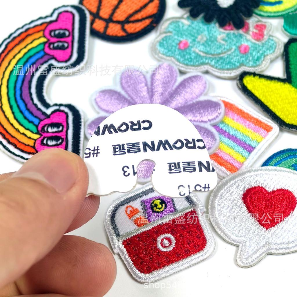 Self-adhesive sticker mini embroidery label clothing luggage handbook DIY decoration seam-free self-adhesive cloth sticker3 pcs MOQ mix styles