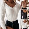 V-Neck Long Sleeve Ribbed Bottoming Blouse Autumn Winter Solid Color Skinny