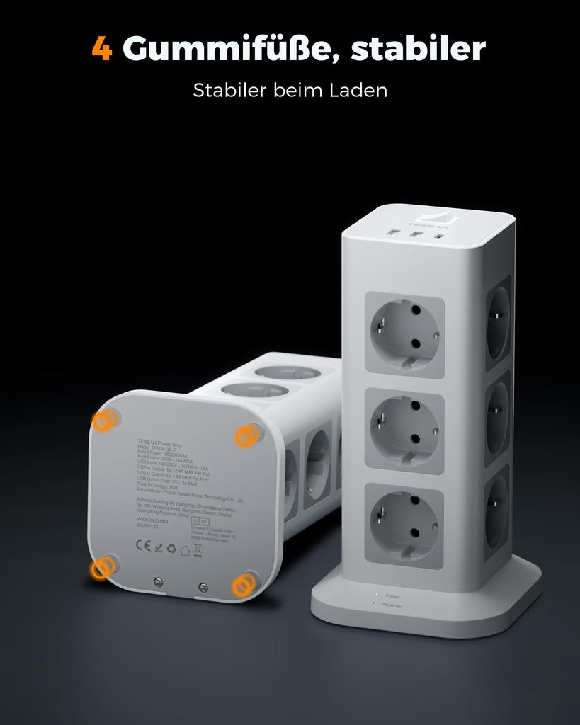Tessan Удлинитель Tower с несколькими вилками, вертикальная розетка с переключателем, розетки 8/12, 3 порта USB, кабель 2 м, защита от перенапряжения для домашнего офиса