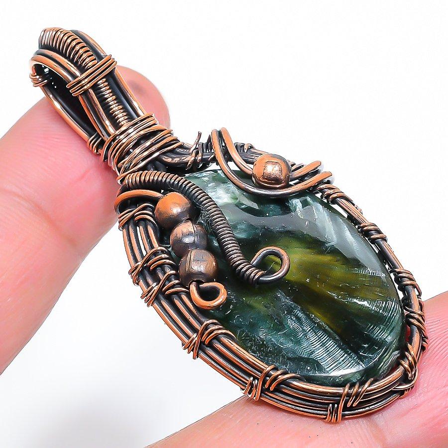 Natural Seraphinite Gemstone Handmade Copper Wire Wrap Pendant 2.36" A9t59