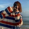 Корейская мода Женская полосатая футболка Весна Осень Круглый вырез Студенческий Повседневный Тонкий Универсальный Пуловер с длинным рукавом Топы