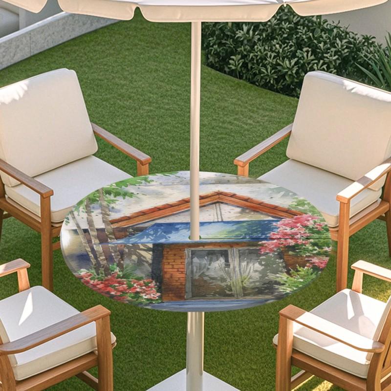 Outdoor Round Table Cover With Floral Print Oil Painting Style Waterproof Elastic Edge Patio Garden