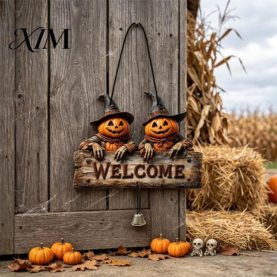 Rustic Holiday Door Sign Halloween Wooden Welcome Hanging Sign, Vintage Farmhouse Hanger with Skeleton Pumpkin Seasonal Window Ornament Ghost,