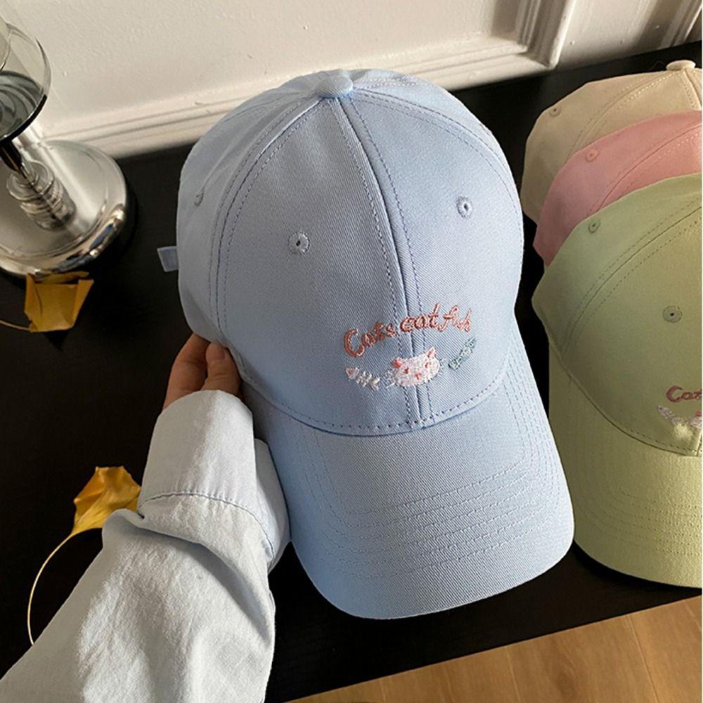 Вышитая шляпа-зонтик с изображением кота Повседневная кепка Милая мультяшная бейсболка для студентов
