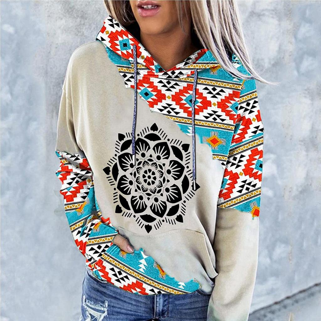 Women's Aztec Hoodie Geometric Pattern Long Sleeve Colour Block Pullover Drawstring Sweatshirt