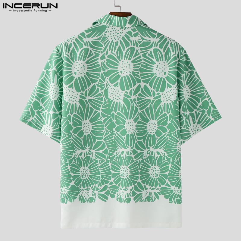 INCERUN Мужские рубашки с лацканами, короткими рукавами, принтом, декоративной строчкой, повседневные, свободного кроя