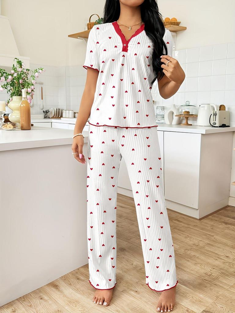 Spring and Autumn Women's Wide-Leg Print Pajama Set: Comfortable Short Sleeve Top and Long Pants for Indoor/Outdoor Wear.