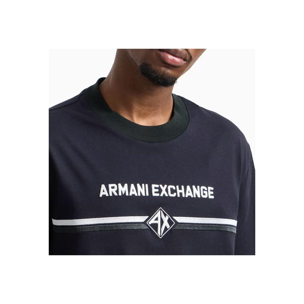 Armani Exchange Хлопковая футболка с принтом логотипа, круглым вырезом и коротким рукавом, мужские топы, темно-синий, XM000274-AF12308-UB101