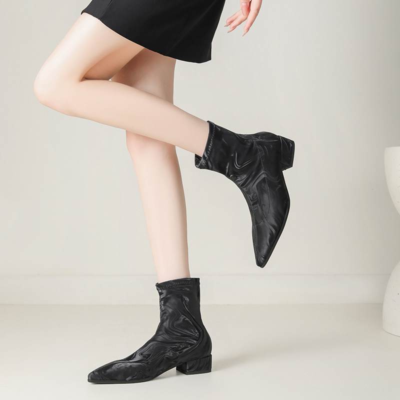 lenkisen PU Autumn Winter Shoes Thick Low Heels Printing Oriental Design Chelsea Boots Keep Warm Beauty Lady Ankle Boots