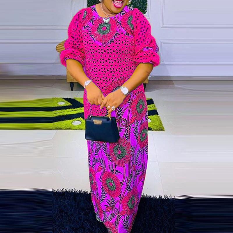 Женские платья большого размера с круглым вырезом и длинным рукавом с оборками и принтом