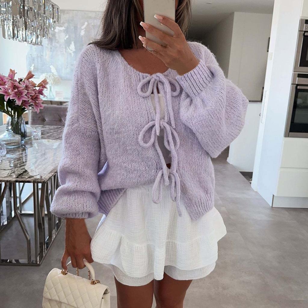 Women‘s Round Neck Long Sleeve Lace-Up Fitted Cardigan Coat