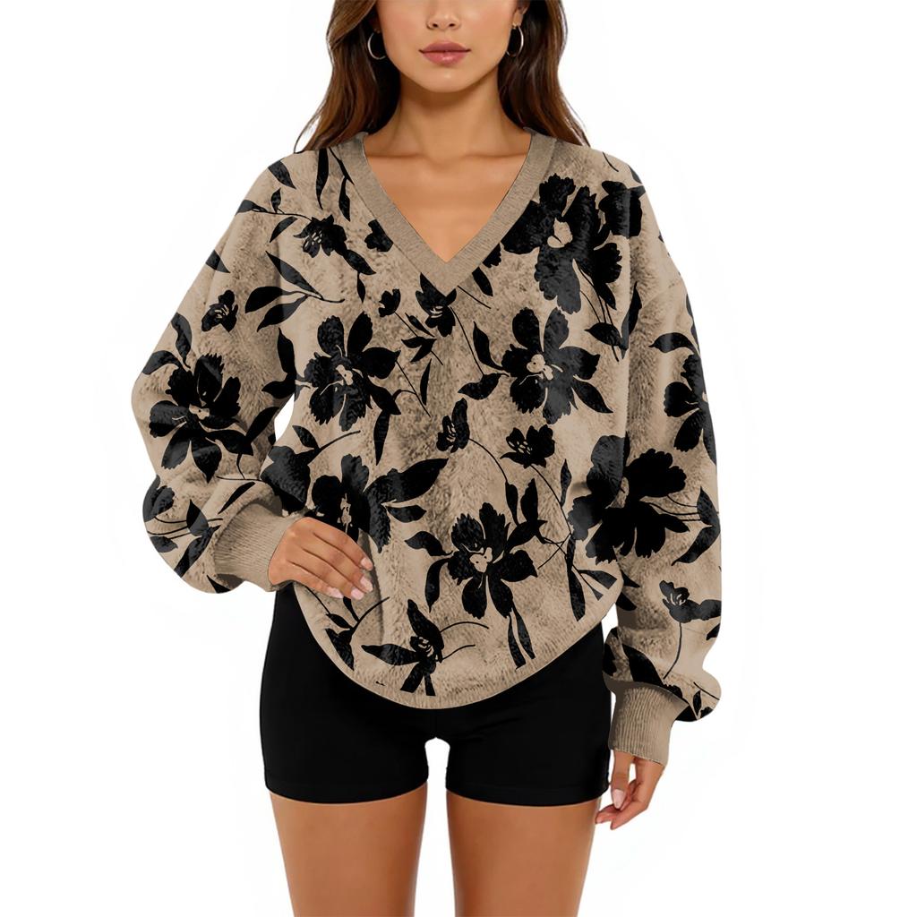 Women's V-Neck Sweatshirt Plush Solid Color Casual Fashion Long Sleeve With Pocketed Pullover Top