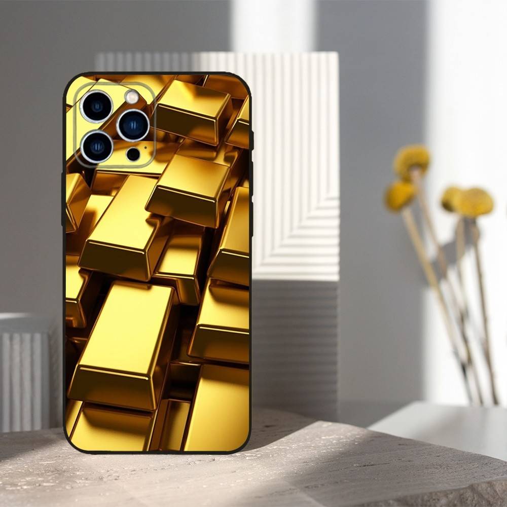 Cool Art Gold Precious Phone Case For iPhone 15,14,13,17,16,12,11,Plus,Pro Max,XS,X,Mini,8,7,XR,SE,Soft Silicone Black