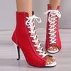 European and American Foreign Trade Thin Heel Hollow Fish Mouth Cool Boots Women's High Heel Lace-up Breathable Fashion Short Boots Wish2025