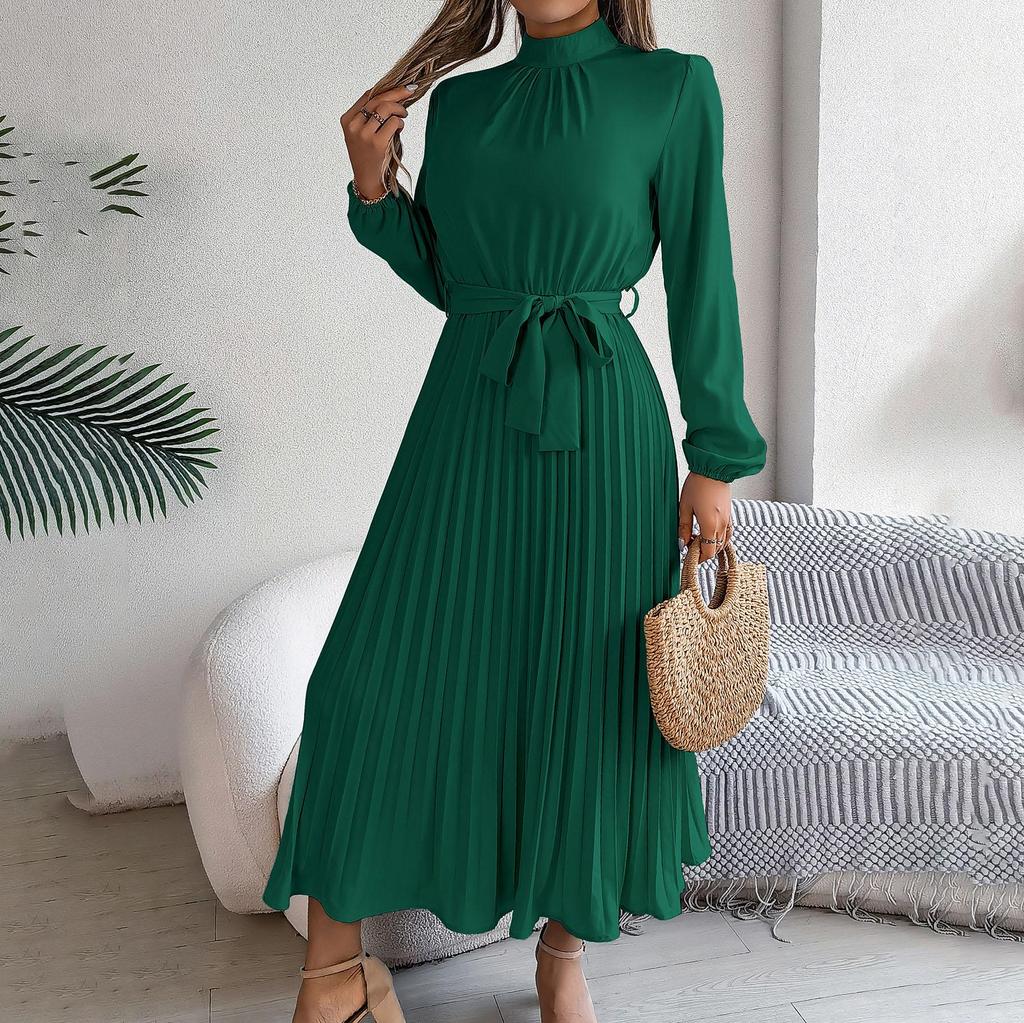 Autumn Winter Women Long Sleeve Solid Pleated High Waist A Line Stand Collar Long Dress EMA