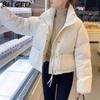BITCED Short Stand-Up Collar Cotton Jacket for Women - Minimalist Oversized Fit Zipper Puffer Coat Solid Color