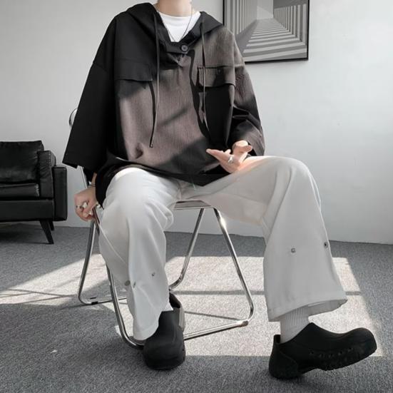 Весенне-летние мужские верхние нагрудные карманы большого размера в стиле хип-хоп, сплошной цвет, с капюшоном, рукава три четверти, тонкая кулиска, мягкая дышащая уличная рубашка, толстовка