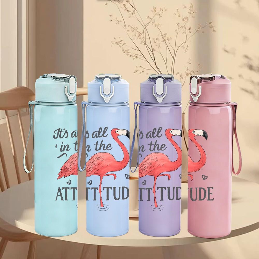 1PC Flamingo Attitude Letter Print 750ml Color Plastic Sports Water Bottle Leakproof Flip Straw Lid Suitable for Sports Office Home Use