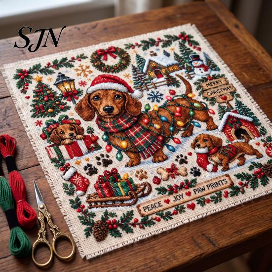Embroidery Starter Kits for Beginners Christmas Animal Cross Stitch Kit, Holiday Seasonal Handmade Decoration Projects Pattern, Festive Craft