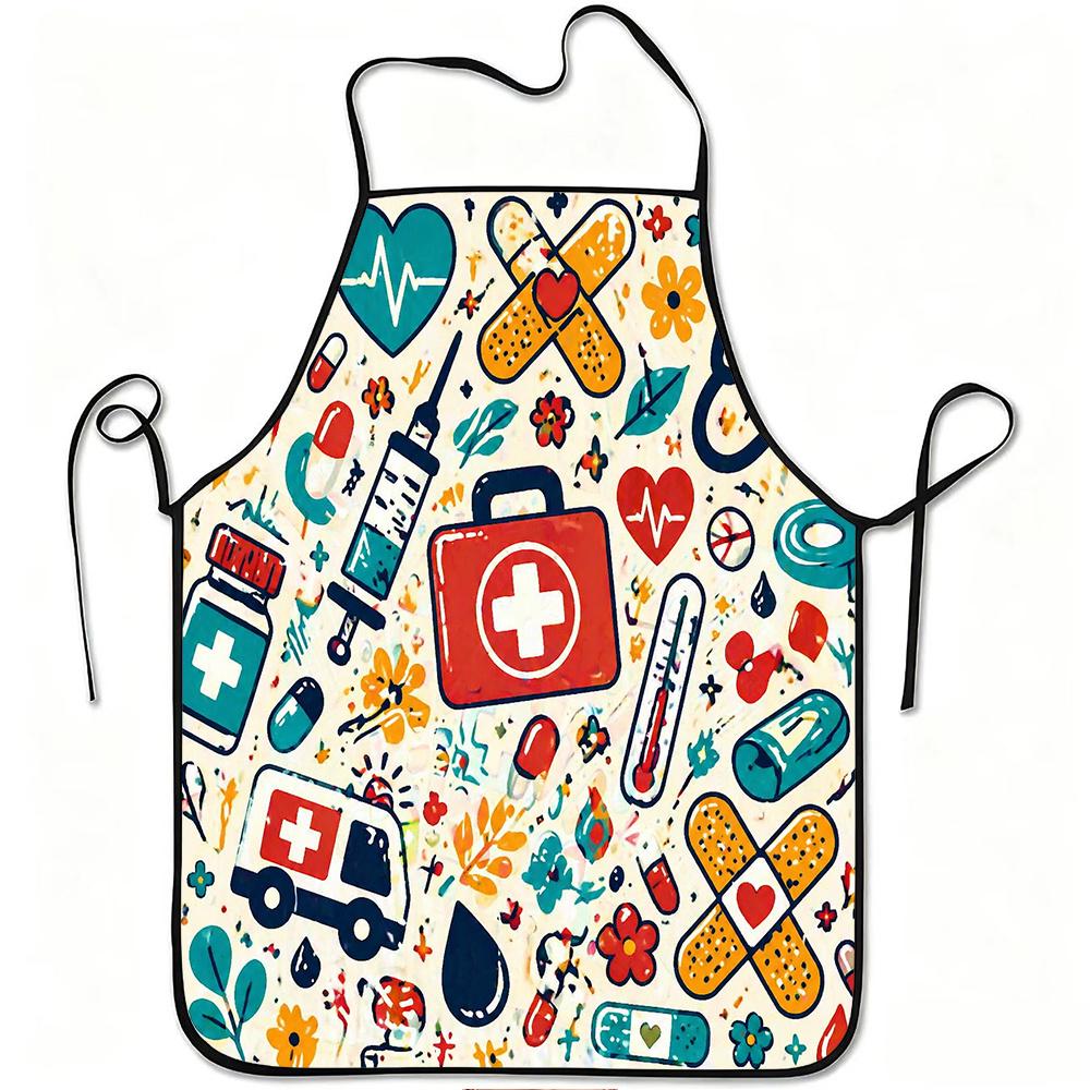1pc Medical Care Pattern Print Apron, Durable And Easy to Clean, Adjustable Waistband, Polyester Material, for Kitchen Cooking, Gardening, Orchard Pic