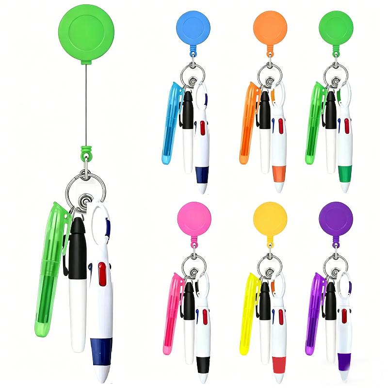 Retractable Badge Reel Pen Set with Highlighter 3-in-1 Ballpoint Pen Portable Multifunctional Stationery for Nurses Office Workers