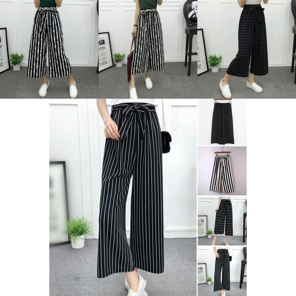 Women High Waist Elastic Striped Culotte Pants With Elegant Wide Leg Flare Design For Casual Wear