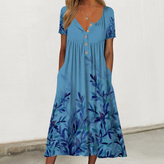 Женское летнее платье с принтом листьев, длиной до середины икры, с v-образным вырезом и карманами, плиссированное, повседневная одежда, с короткими рукавами, свободный подол, женское пляжное платье, женская одежда