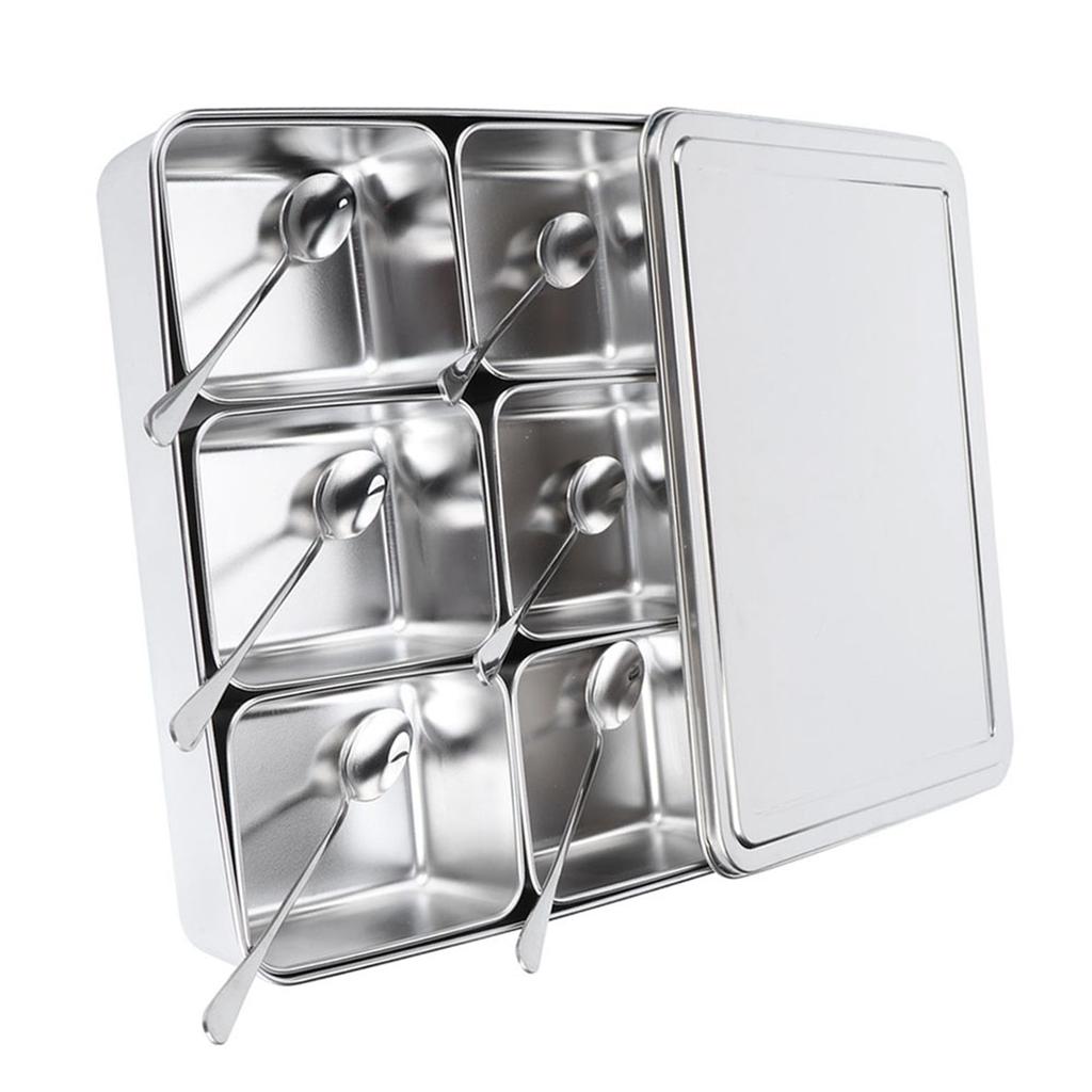 6‑Grid Stainless Steel Seasoning Box Jar Storage Container Set with Spoons Kitchen Utensils