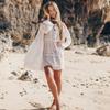 Summer New Beach Bikini Cover-up Sexy V-neck Lace Stitching Micro-sheer Chiffon Skirt Lantern Long-sleeved Loose Women's Swimwear Cover-up Q1056