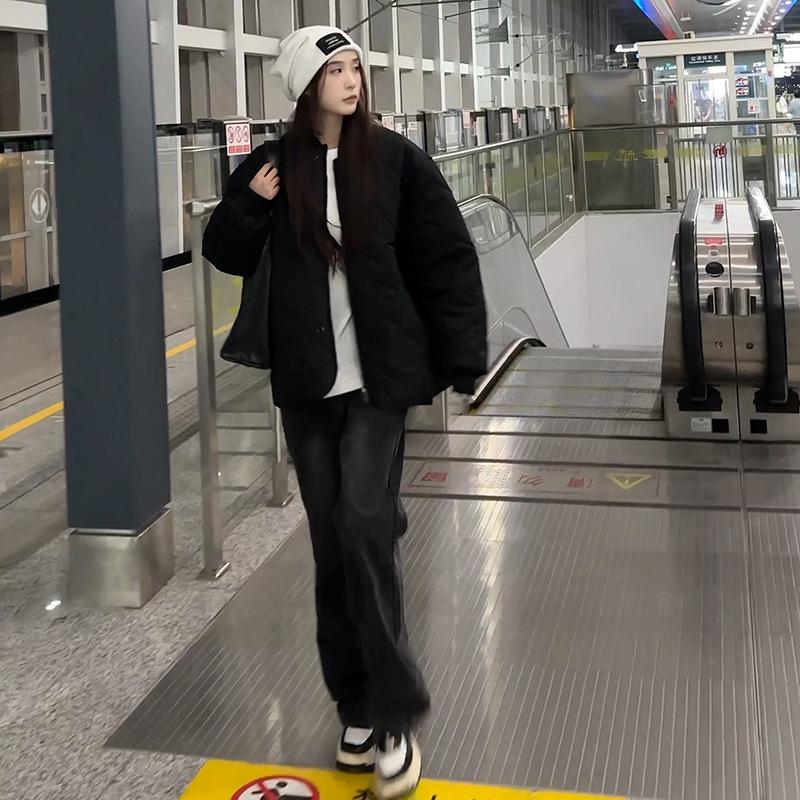 Ленивый ветер ромбовидная хлопковая одежда женская осень и зима чувство дизайна маленький человек стеганый хлопок свободное и тонкое хлопковое пальто