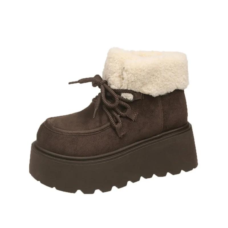 Ботинки женские замшевые на меховой платформе, зимние ботинки на плоской подошве, теплые плюшевые хлопковые туфли, повседневные кроссовки, зима 2025, тренд, женские ботинки на шнуровке