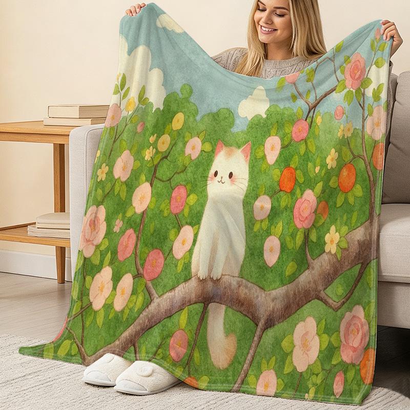 Soft Flannel Fleece Blanket - High-Density Plush, Cute Cat Pattern, Warm Cozy Throw for Home Decoration, Halloween & Christmas