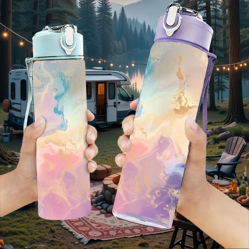 1PC Soft Pastel Cloud Swirl Abstract Gradient Art 750ml Color Plastic Sports Water Bottle Leakproof Flip Straw Lid Suitable for Sports Office Home Use