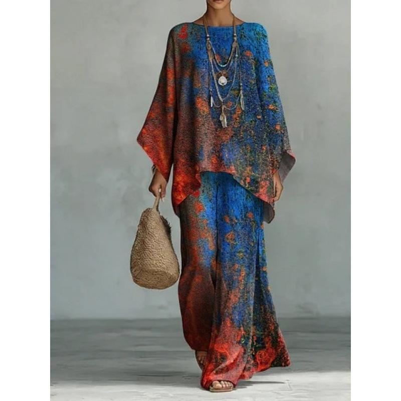 16 European and American artistic sense abstract graffiti casual suit round neck bat sleeve top + wide leg pants loose two-piece set