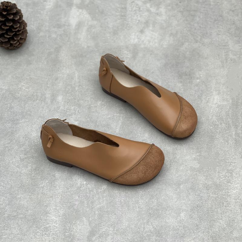 Johnature Retro Genuine Leather Women Soft Sole Flats Shoes Handmade Casual Shallow Round Toe Slip-on Loafers