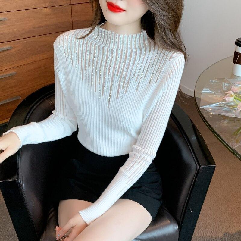 Топы с полувысоким воротником, женские пуловеры с длинными рукавами, осень и зима 2023, облегающий свитер, однотонная одежда 29091