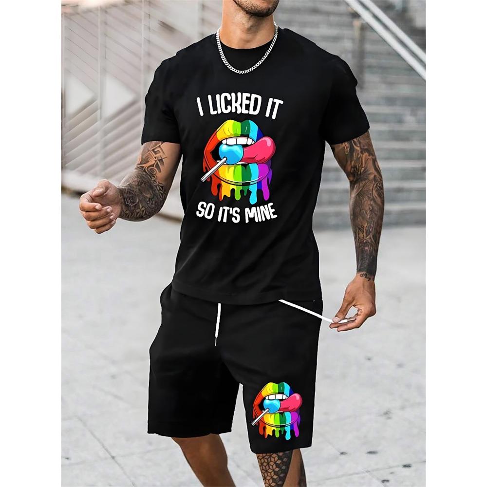 Summer Everyday Casual Men's Short Sleeve Shorts Set Colorful Bear Print Men's T-shirt And Colorful Graffiti Print Shorts Set