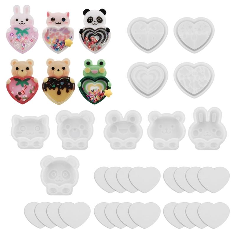 Crystal Resin Animal Molds Adorable Shaker Pendants Silicone Moulds with Cute Bear and Heart Shape